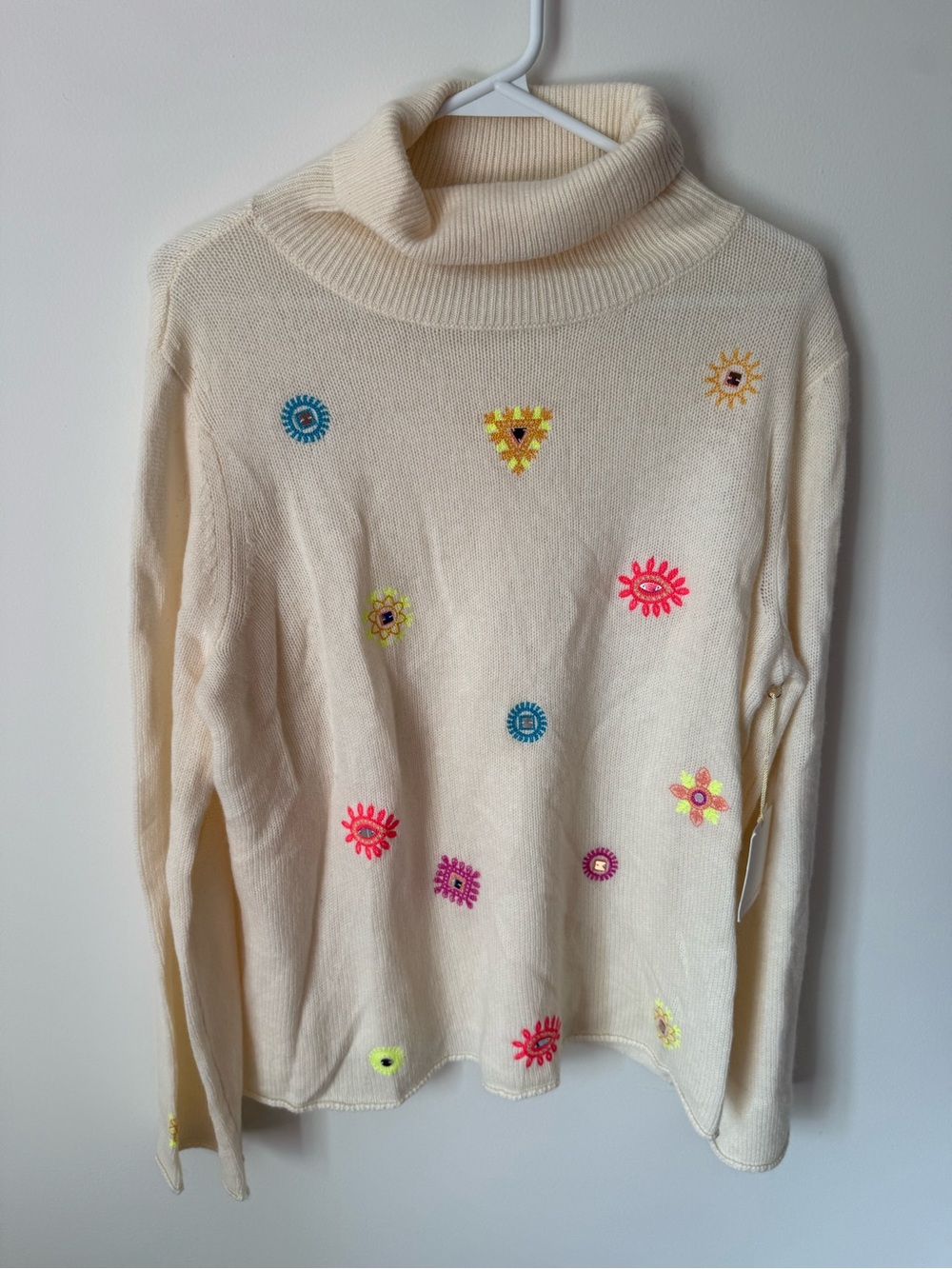 Lisa Todd Cream Cowl Neck Sweater with Neon Embroidered Flowers